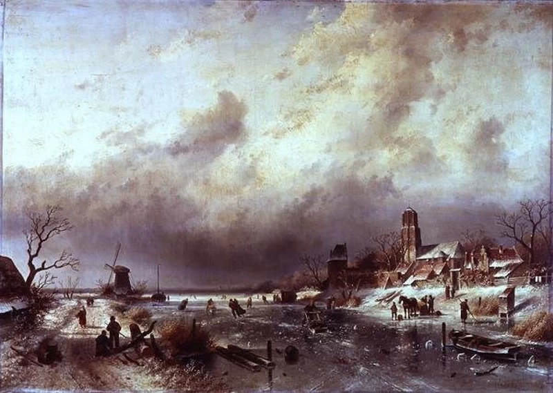 Charles Leickert - Scena di fiume ghiacciato